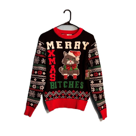 Spencer's Merry Christmas Ugly Christmas Sweater Red and Black Sweater Cat M - Picture 1 of 7